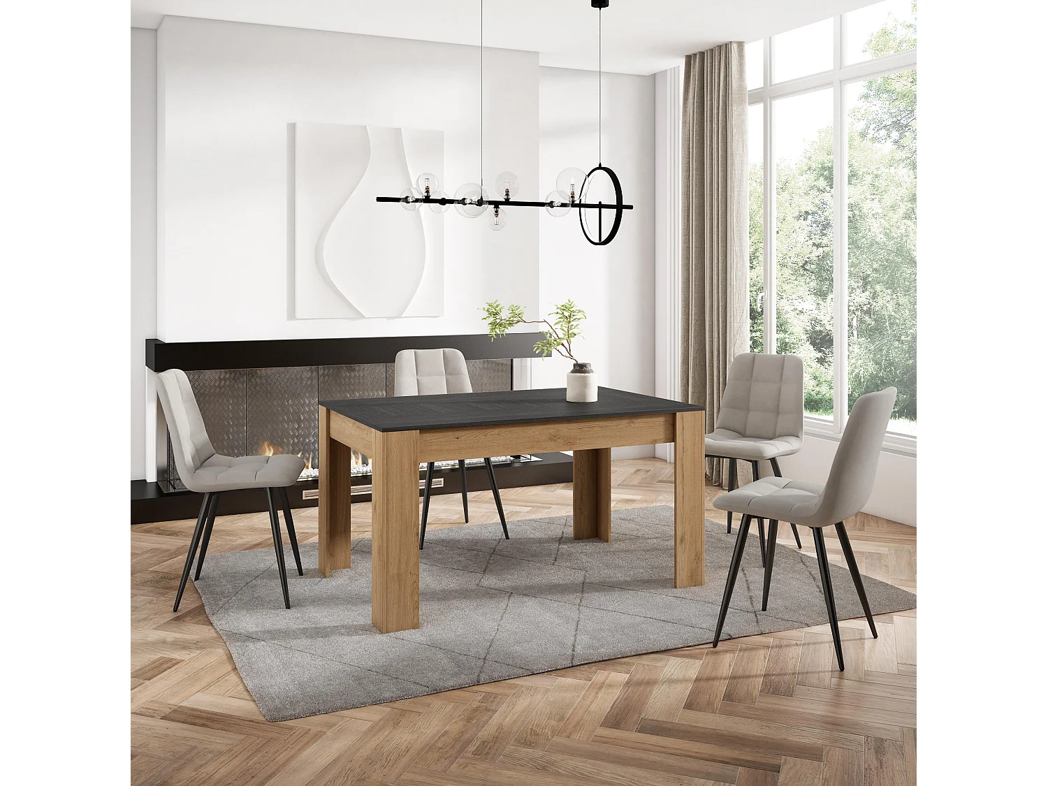 Eettafel, 140x90x76 cm, Voor 6 personen, Dining Table, Zwart/Eiken