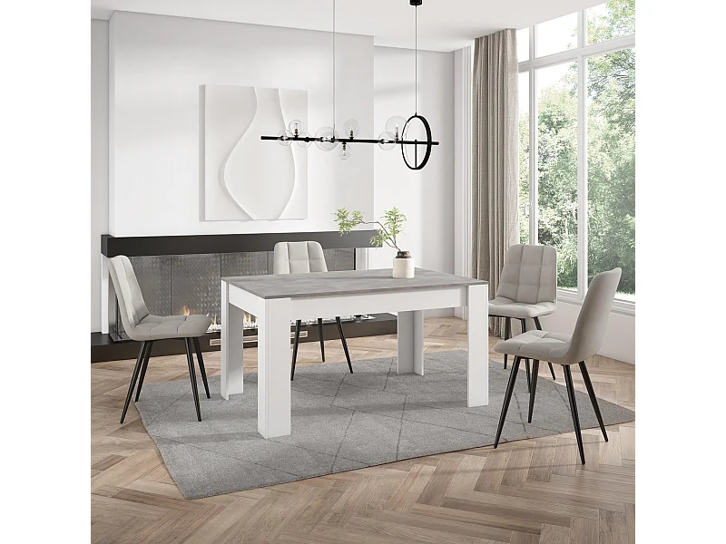 Eettafel, 140x90x76 cm, Voor 6 personen, Dining Table, Cement en Wit