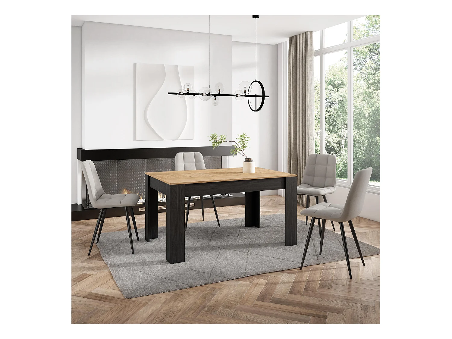 Table à manger, 140x90x76 cm, Pour 6 personnes, Meubles de Salon, Chêne et noir