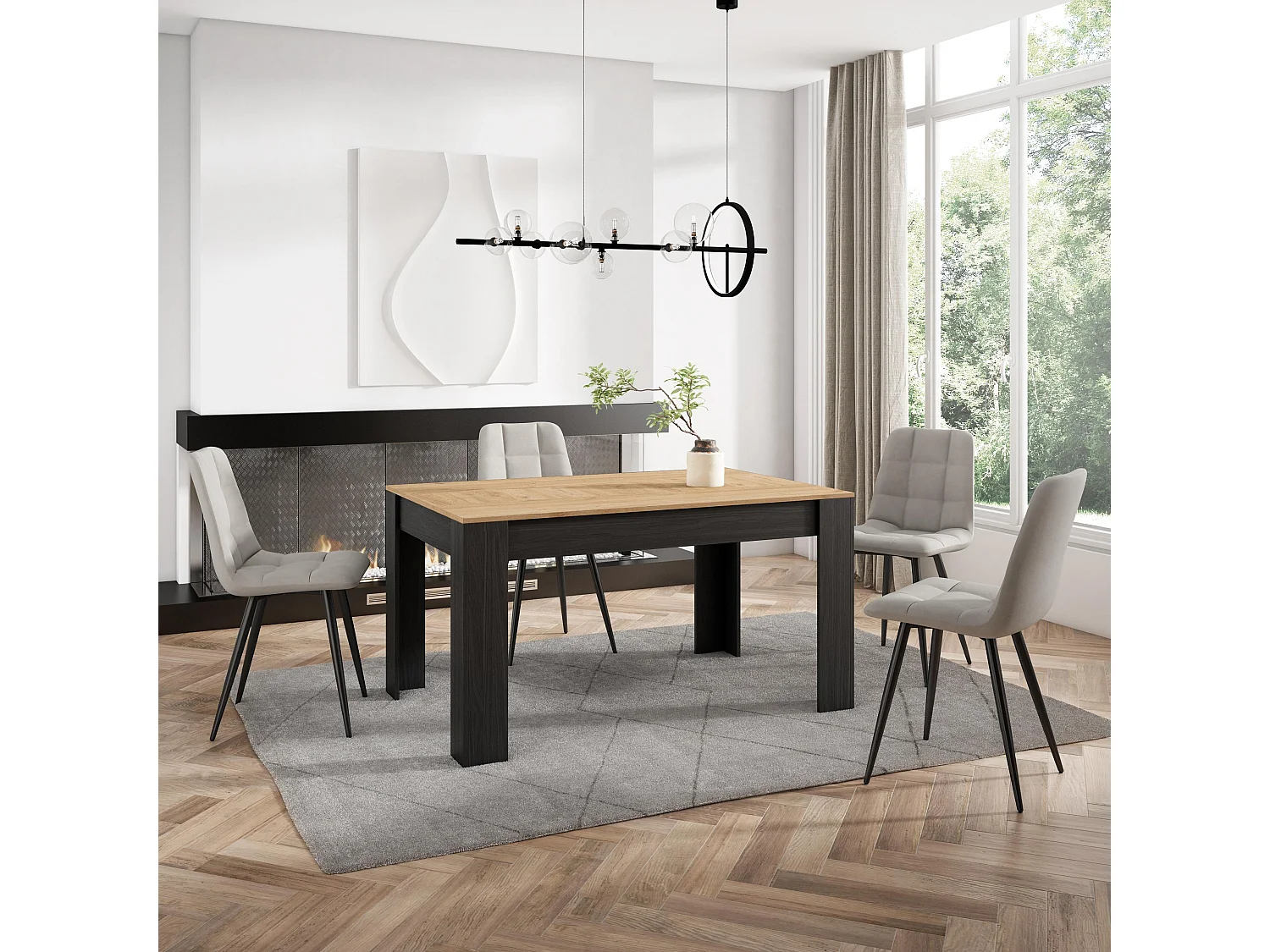 Eettafel, 140x90x76 cm, Voor 6 personen, Dining Table, Eiken/Zwart