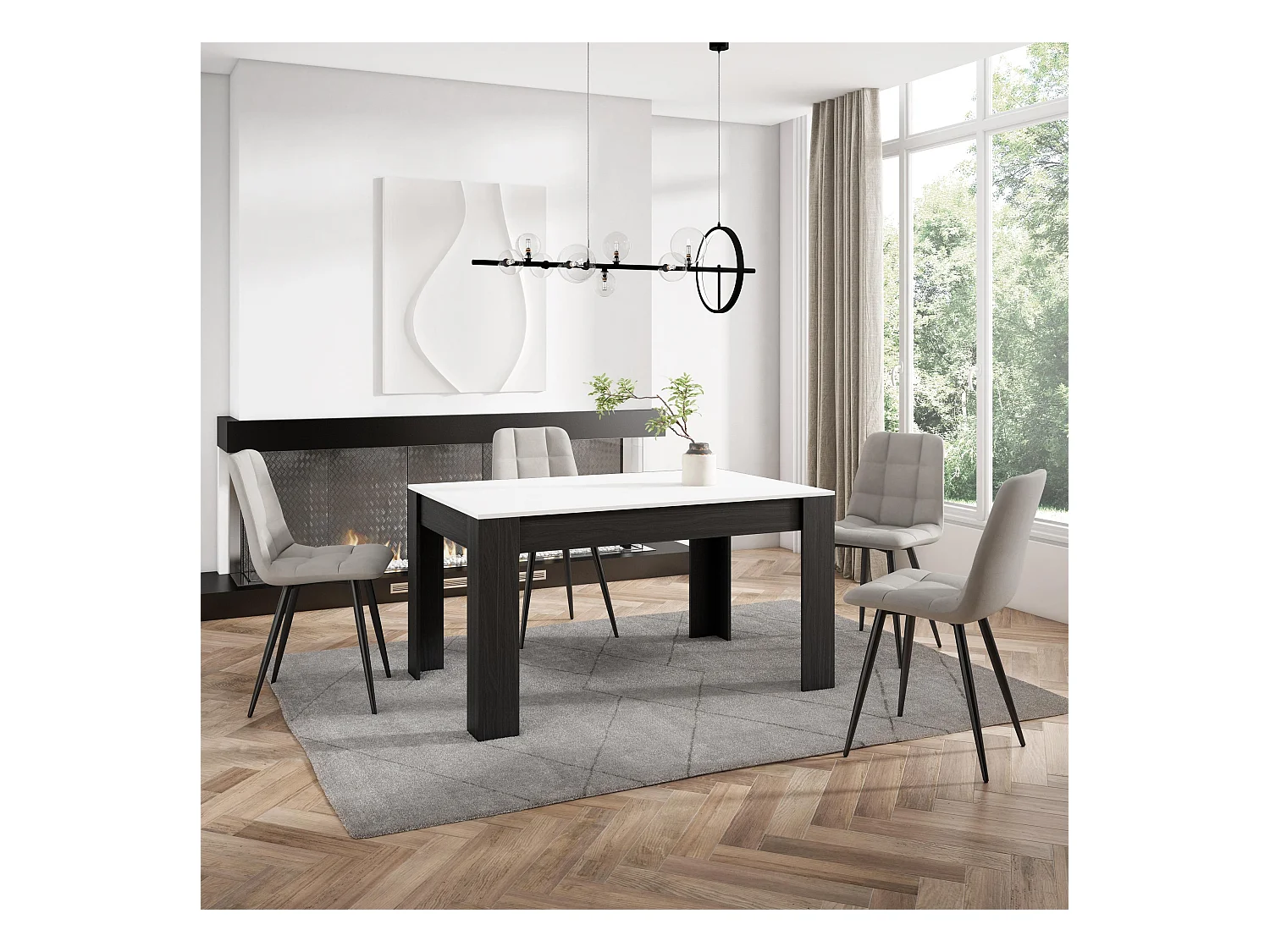 Table à manger, 140x90x76 cm, Pour 6 personnes, Meubles de Salon, Blanc et noir