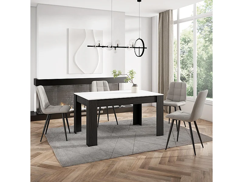 Table à manger, 140x90x76 cm, Pour 6 personnes, Meubles de Salon, Blanc et noir