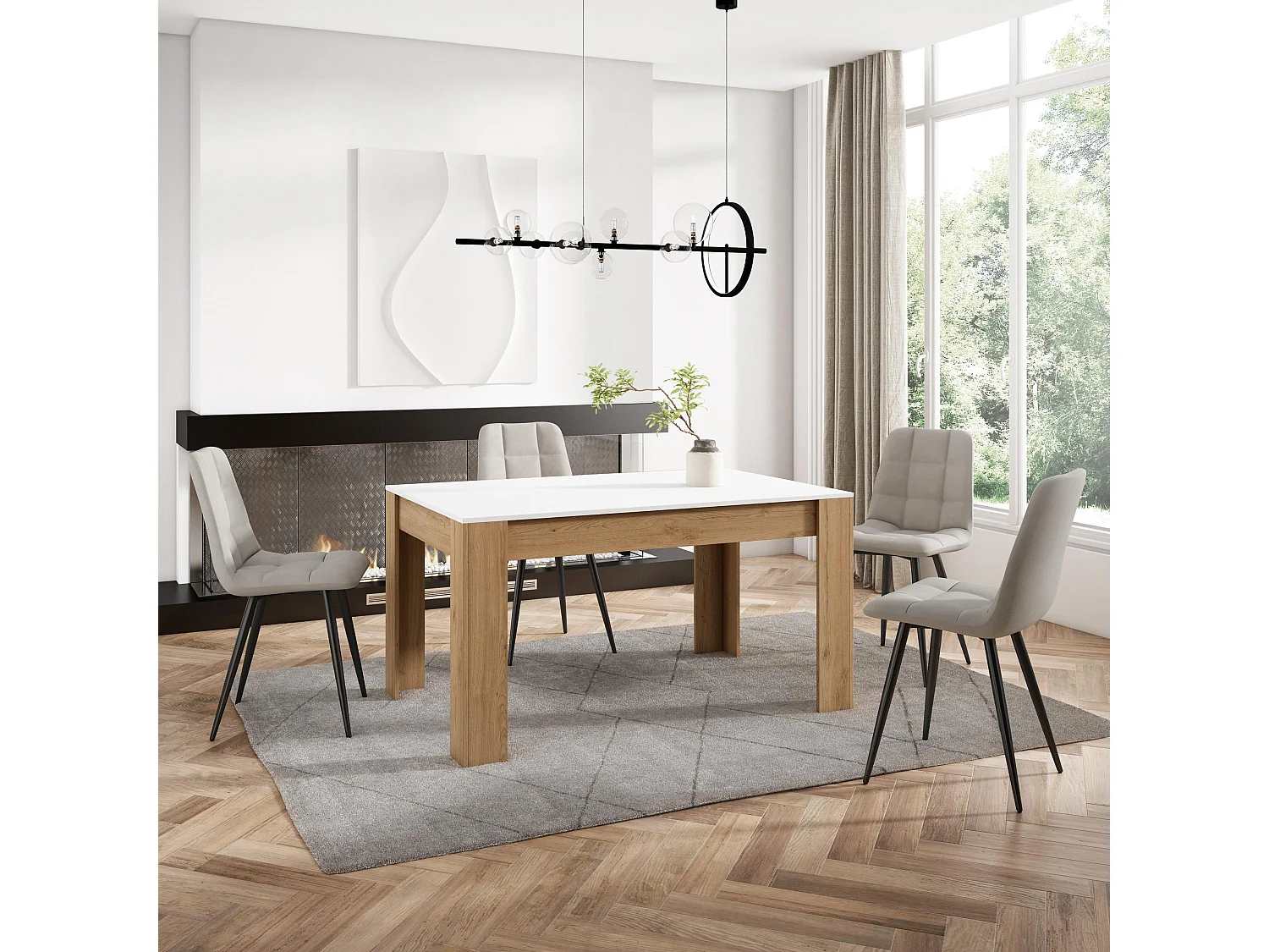 Eettafel, 140x90x76cm, Voor 6 personen, Dining Table, Wit en Eiken