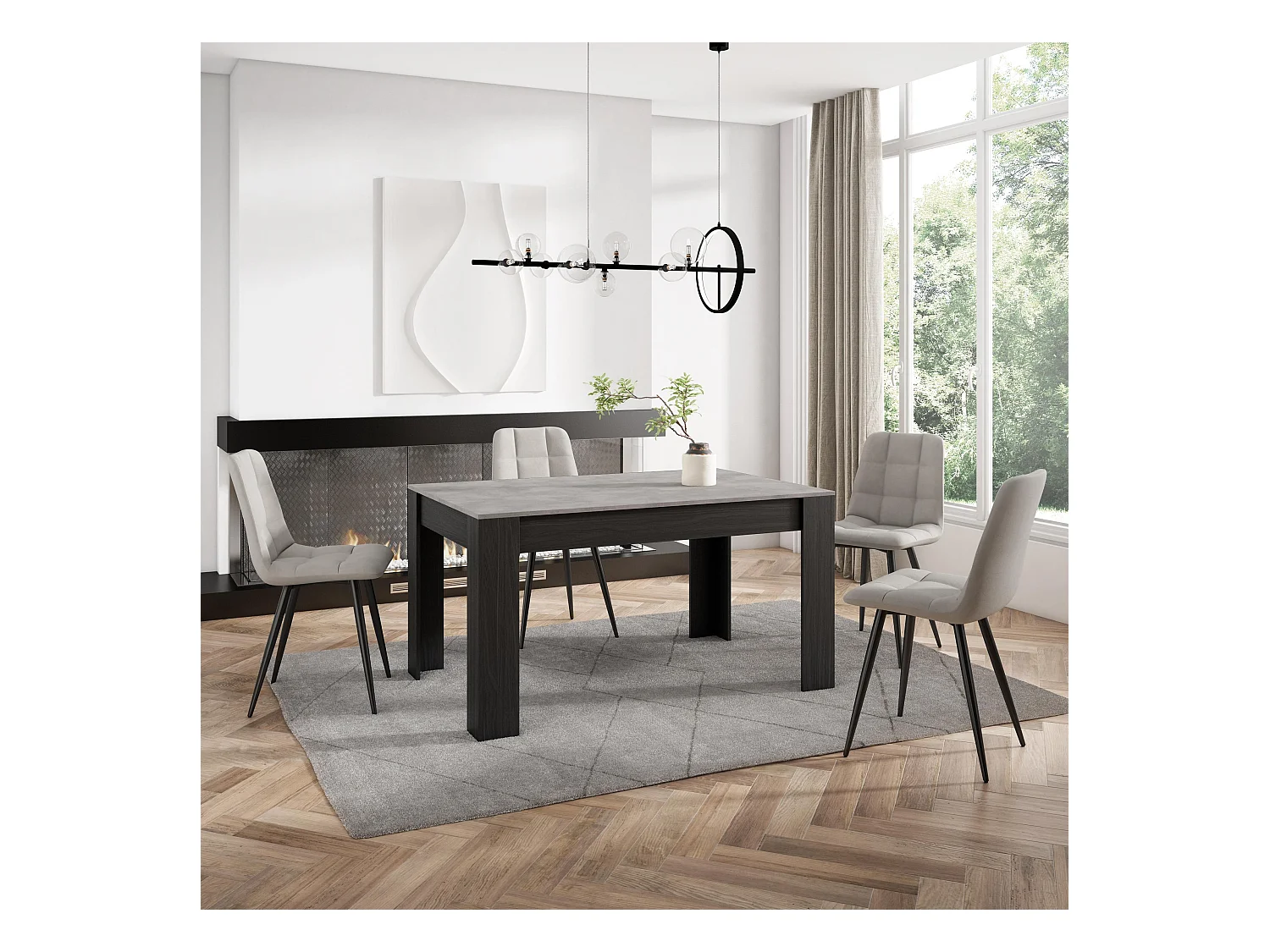 Table à manger, 140x90x76 cm, Pour 6 personnes, Meubles de Salon, Ciment et Noir