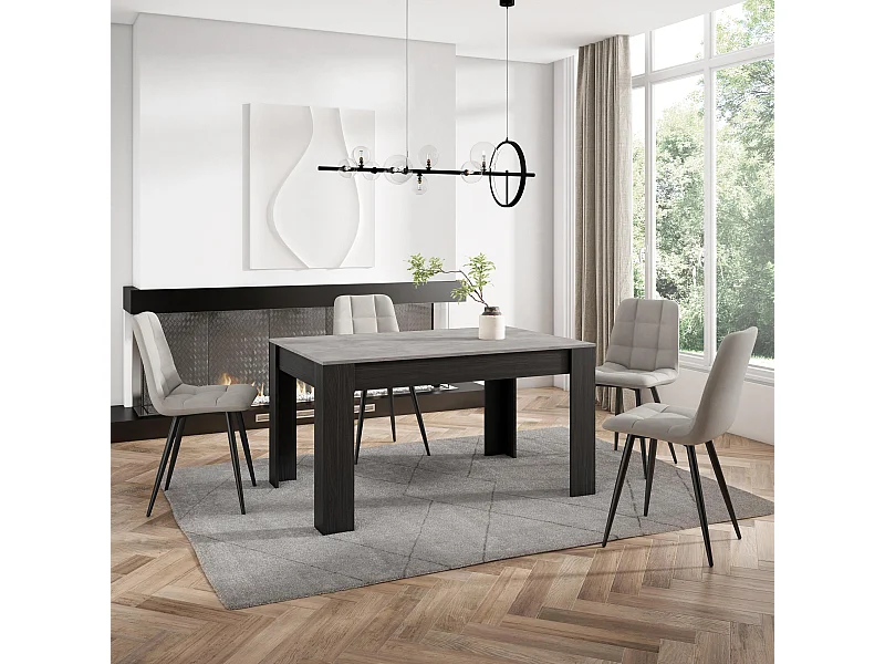 Eettafel, 140x90x76 cm, Voor 6 personen, Dining Table, Cement en Zwart