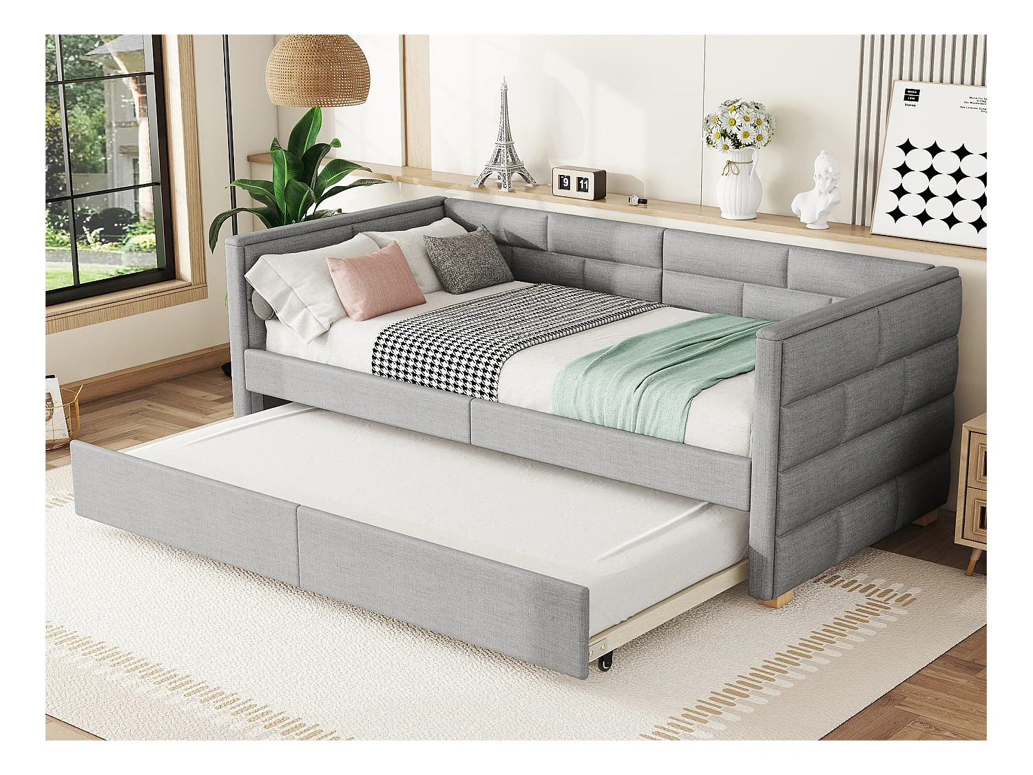 Canapé lit 90x200cm en tissu lin - avec un lit gigogne - Gris