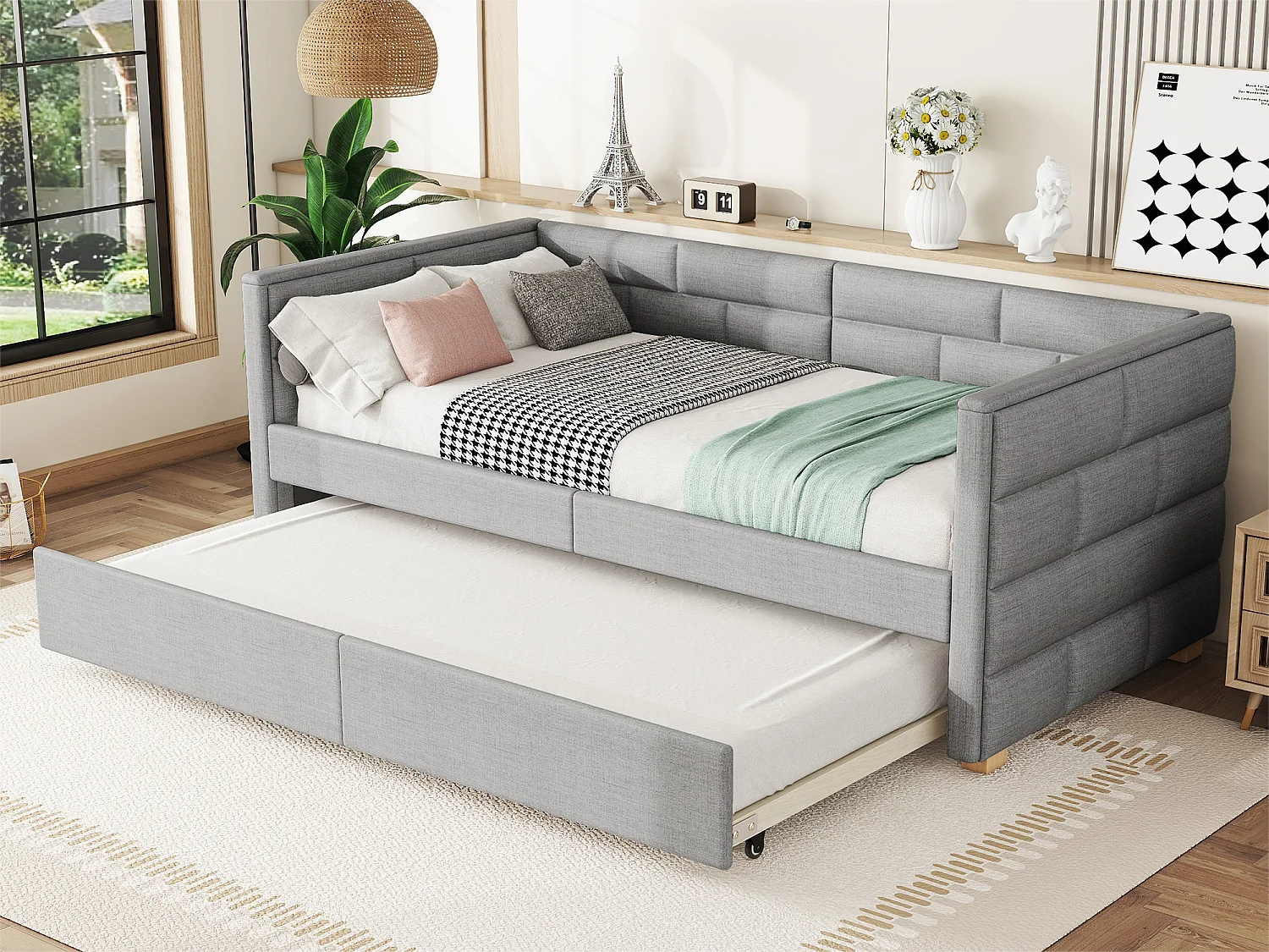 Cama de banquete com cama de gavetão 90x190/200cm - em tecido de linho - Cinza