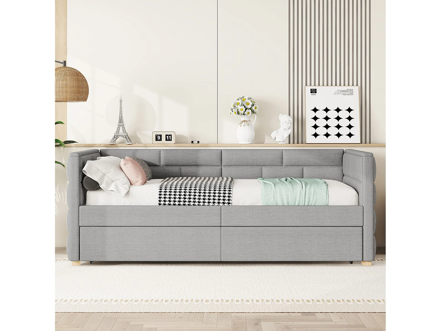 Cama de banquete com cama de gavetão 90x190/200cm - em tecido de linho - Cinza