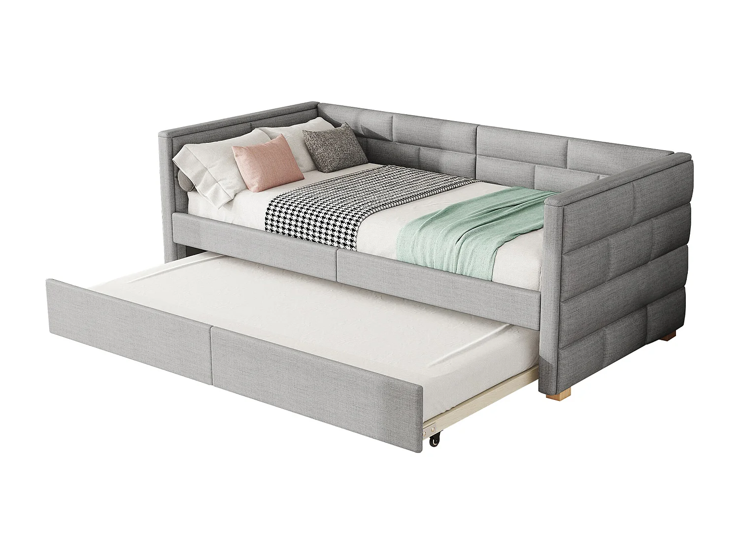Cama de banquete com cama de gavetão 90x190/200cm - em tecido de linho - Cinza