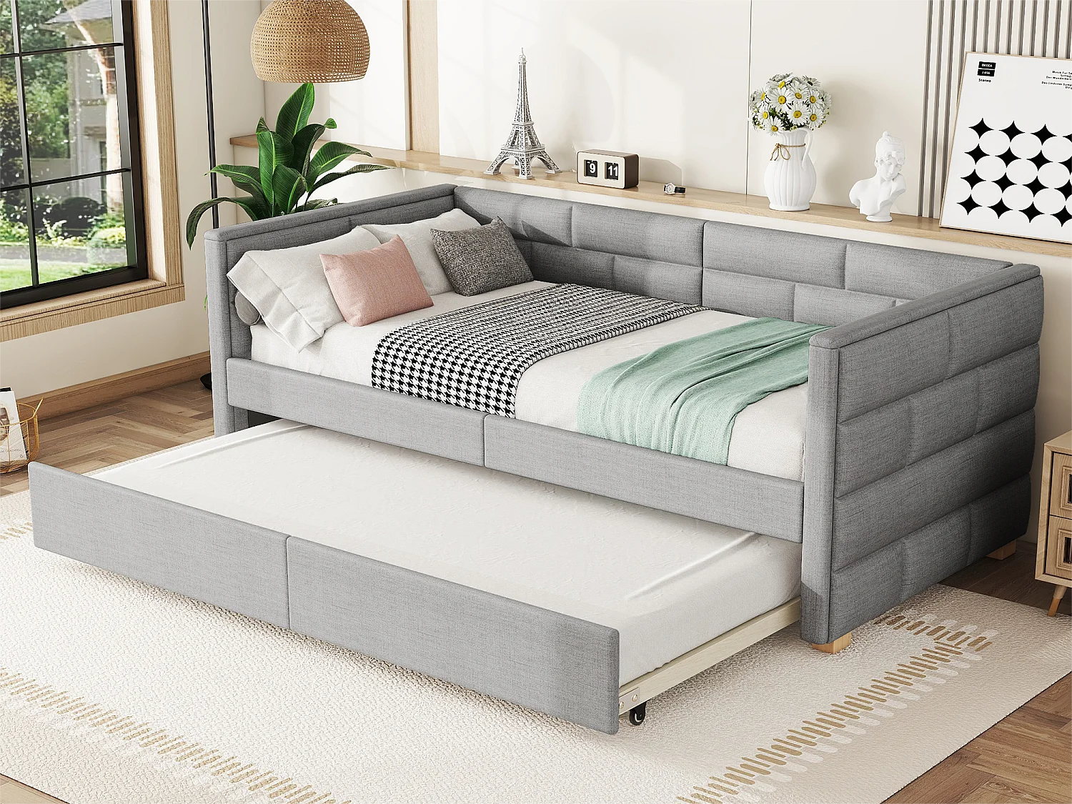 Canapé lit 90x200cm en tissu lin - avec un lit gigogne - Gris