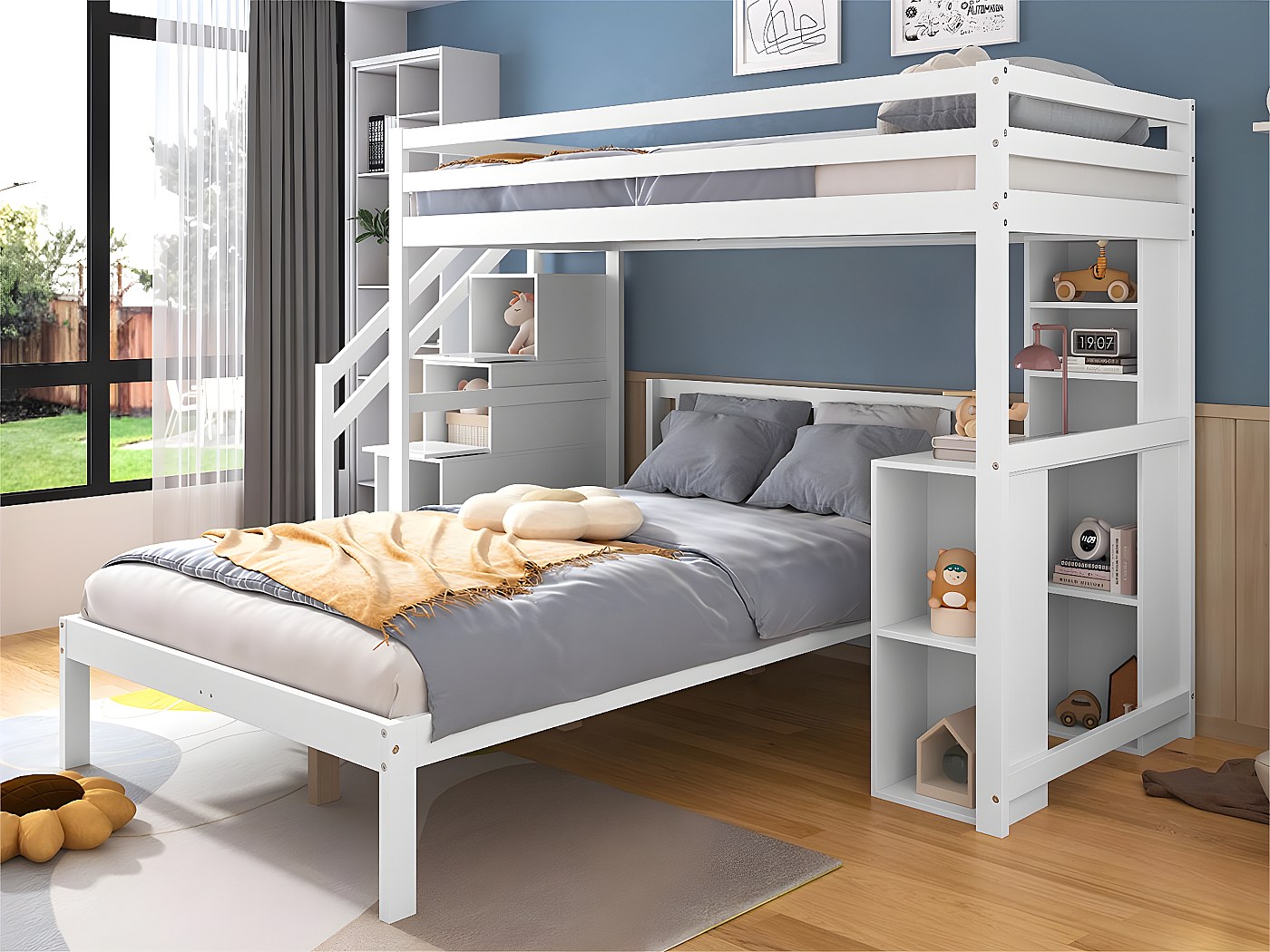Lit Superposé 140x200 Cm, Lit Enfant Avec 2 Tiroirs Et Barrière Anti-chute, Pin, Blanc - Lit superposé - Mezzanine