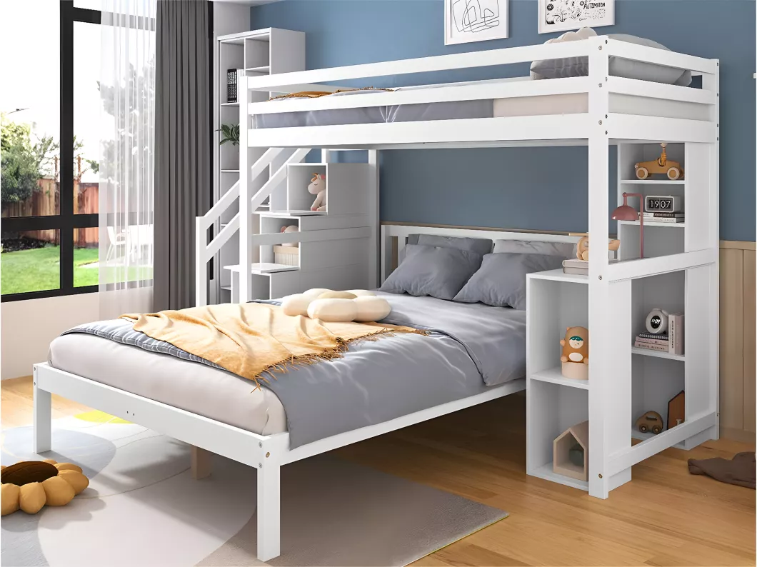 Kauf Unique Etagenbett für Kinder 90 x 200 cm + 140 x 200 cm – mit Stauraumtreppe und Schreibtisch – aus Massivholz und MDF – Weiß