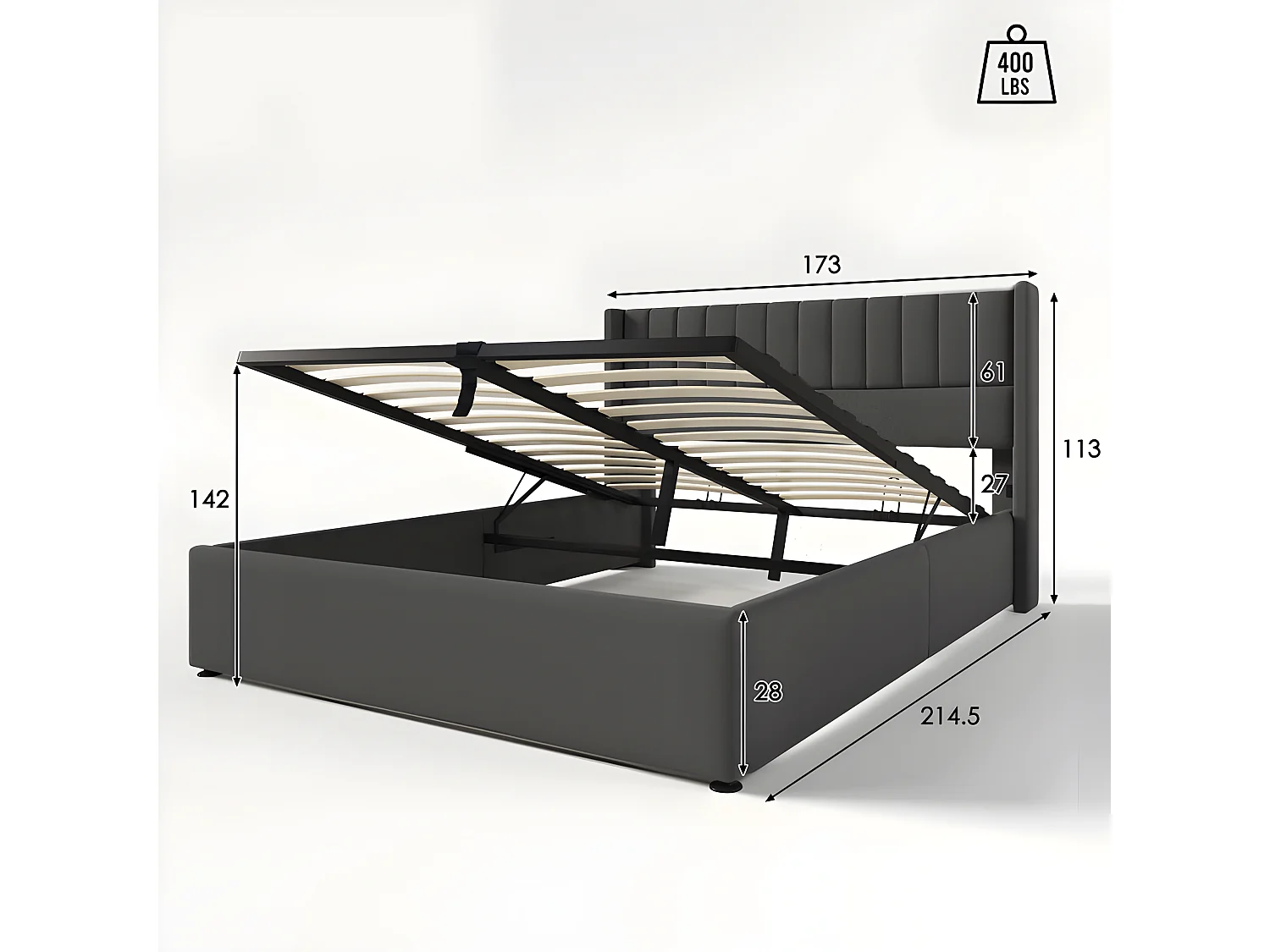 Cama contenedor tapizada 160x200 cm en lino con somier de láminas - Gris