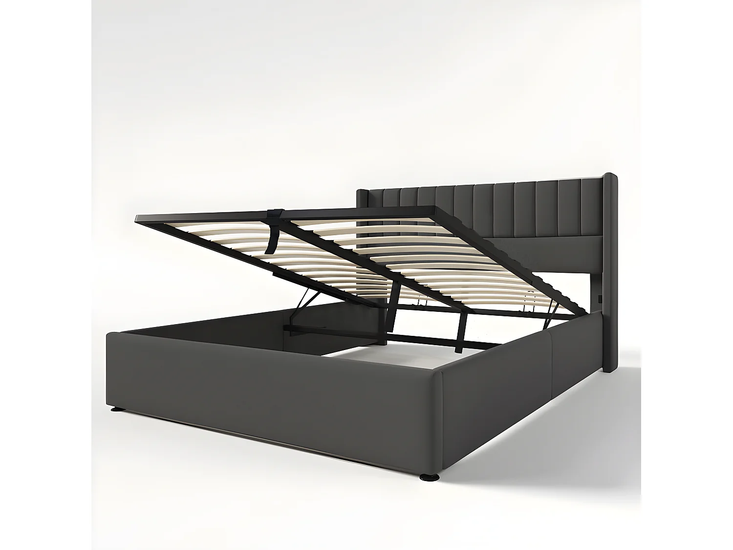 Cama contenedor tapizada 160x200 cm en lino con somier de láminas - Gris