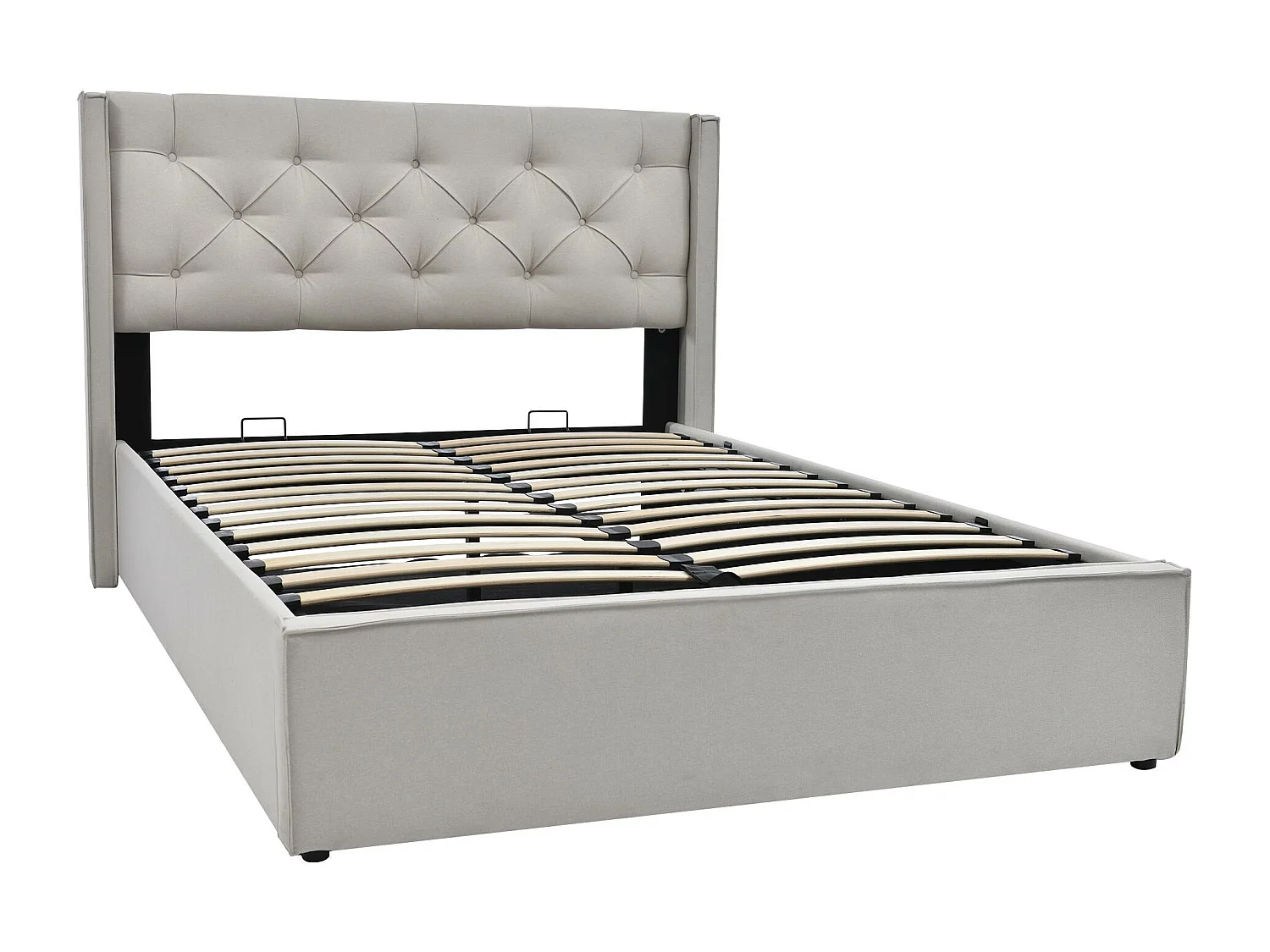 Lit coffre capitonné 160x200cm en tissu coton - avec sommier à lattes - Gris Clair