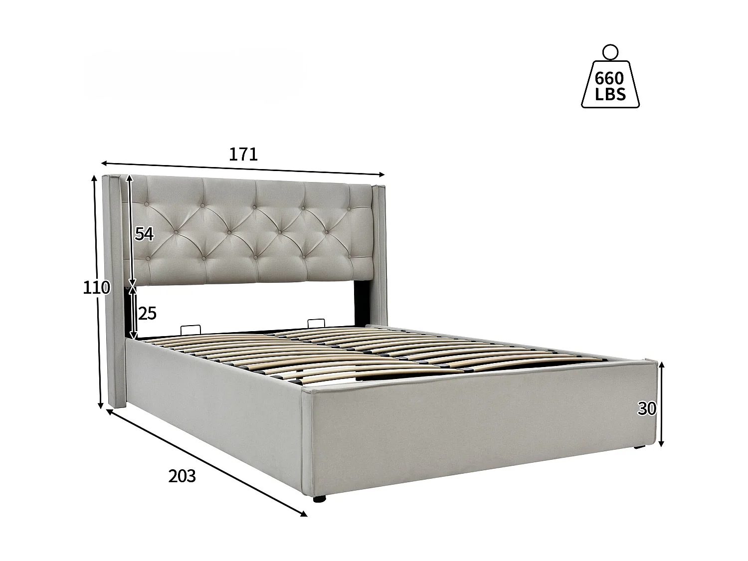 Lit coffre capitonné 160x200cm en tissu coton - avec sommier à lattes - Gris Clair