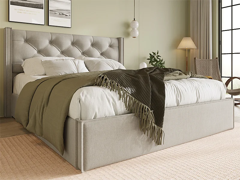 Lit coffre capitonné 160x200cm en tissu coton - avec sommier à lattes - Gris Clair