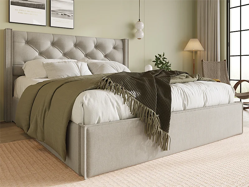 Lit coffre capitonné 160x200cm en tissu coton - avec sommier à lattes - Gris Clair