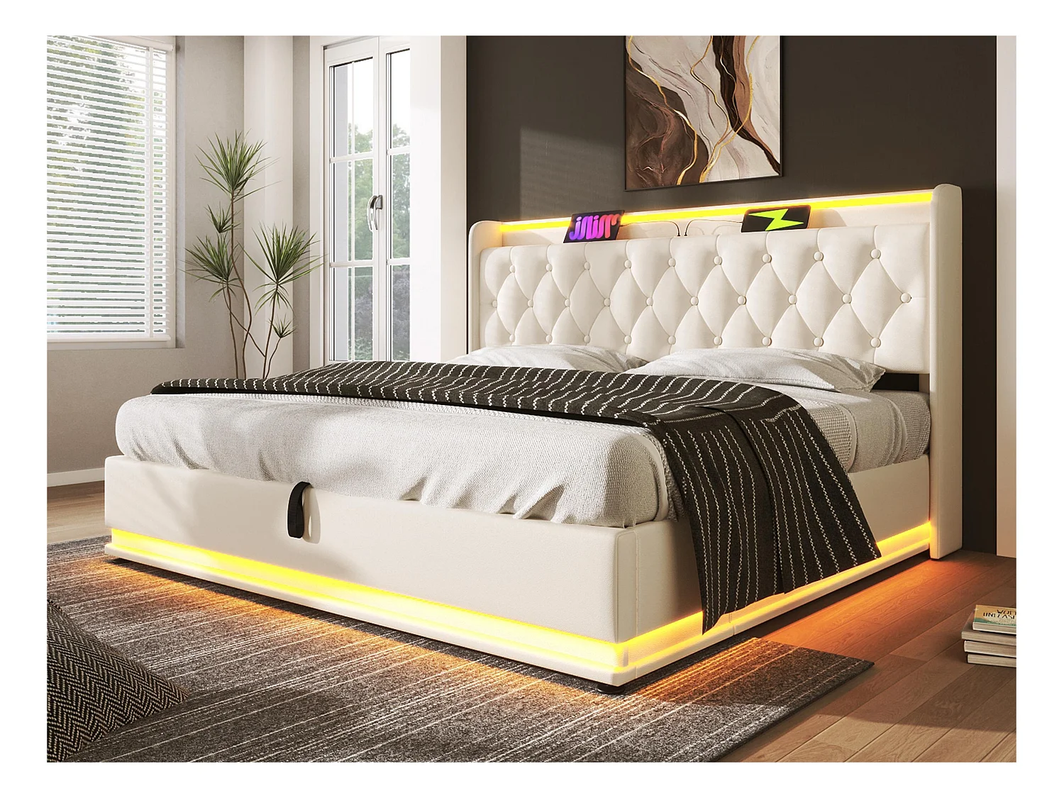 Lit coffre 180x200cm en similicuir - avec LED et prises USB & Type-C - Blanc