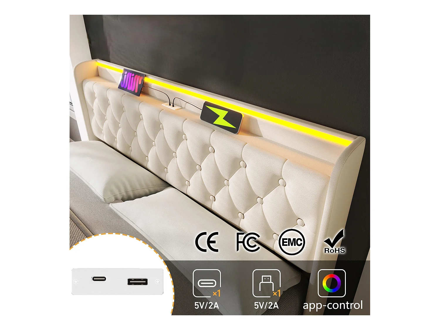 180 x 200 cm großes Stauraumbett aus Kunstleder – mit LED und USB- und Typ-C-Anschlüssen – Weiß