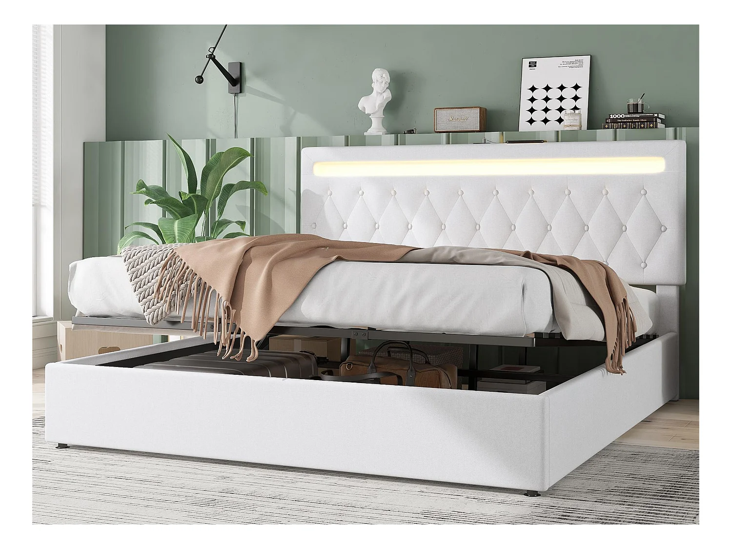 Lit coffre capitonné 180x200cm - avec LED à couleur changeante et prises USB - Blanc