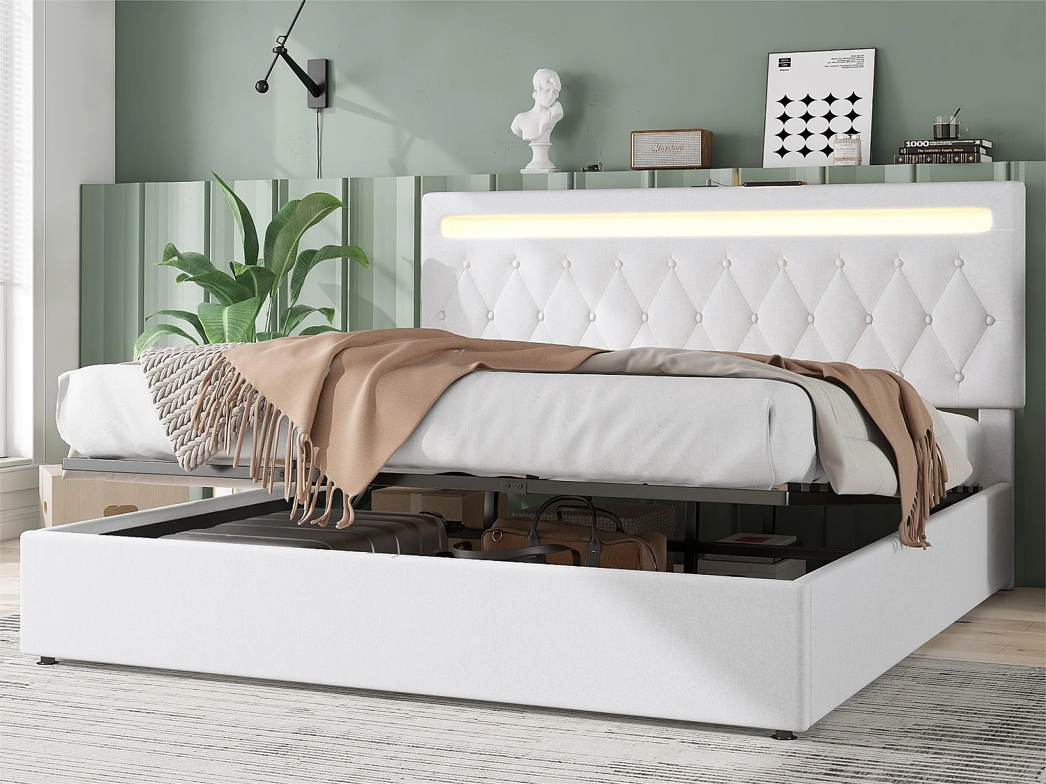 Gewatteerd opbergbed 180x200cm - met kleurwisselende LED en USB-aansluitingen - Wit