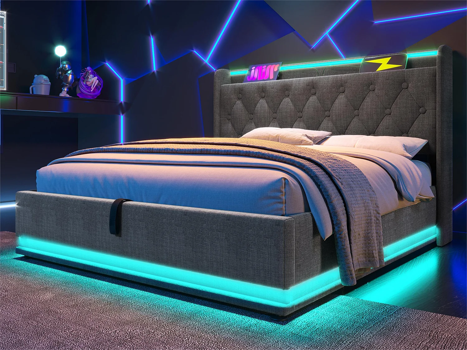 Linnenbed van 140x200 cm - met LED- en USB- en Type-C-aansluitingen - Grijs