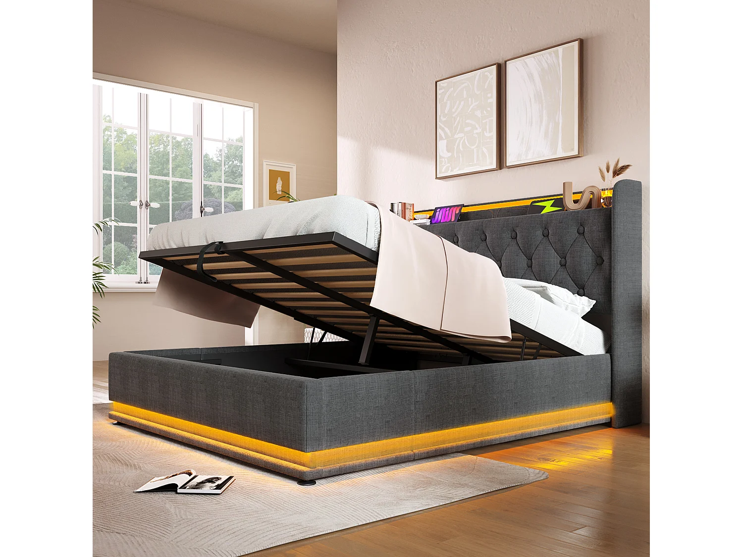 Linnenbed van 140x200 cm - met LED- en USB- en Type-C-aansluitingen - Grijs