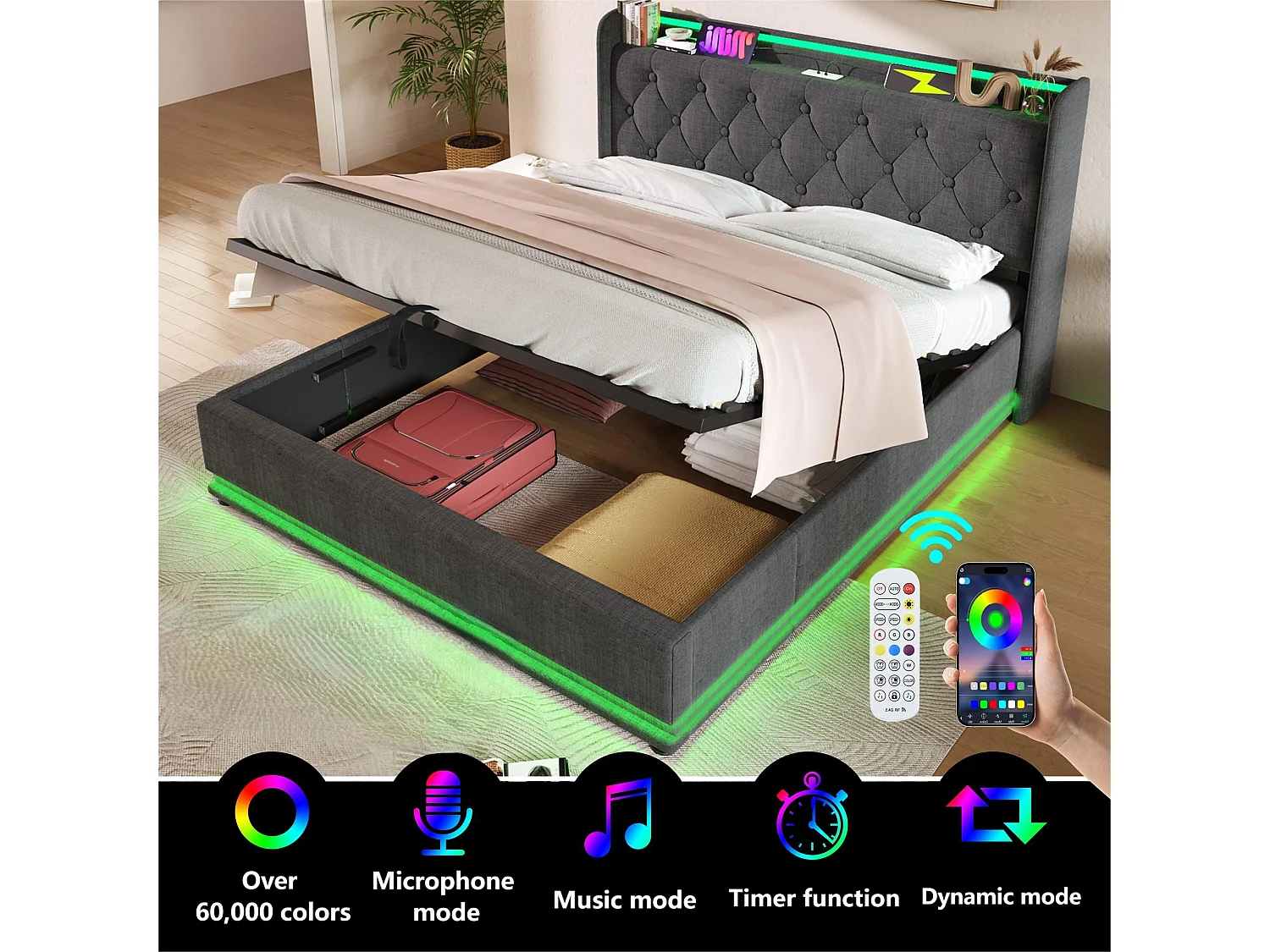 Linnenbed van 140x200 cm - met LED- en USB- en Type-C-aansluitingen - Grijs