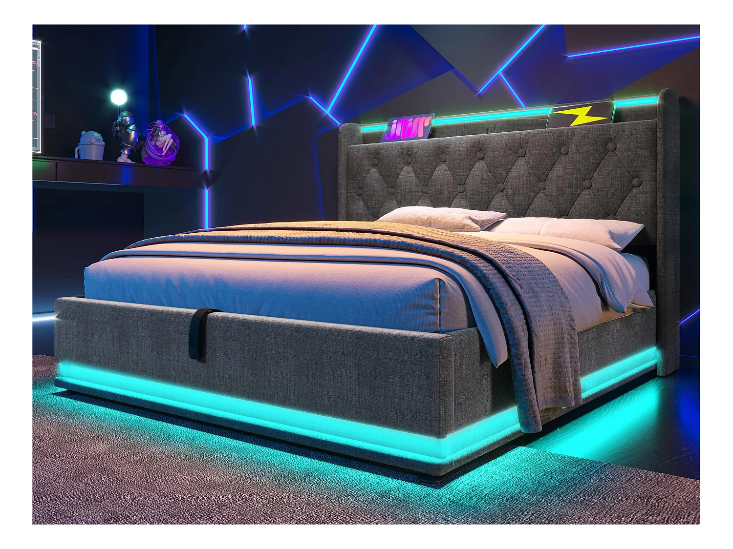 Lit coffre 140x200cm en lin - avec LED et prises USB & Type-C - Gris