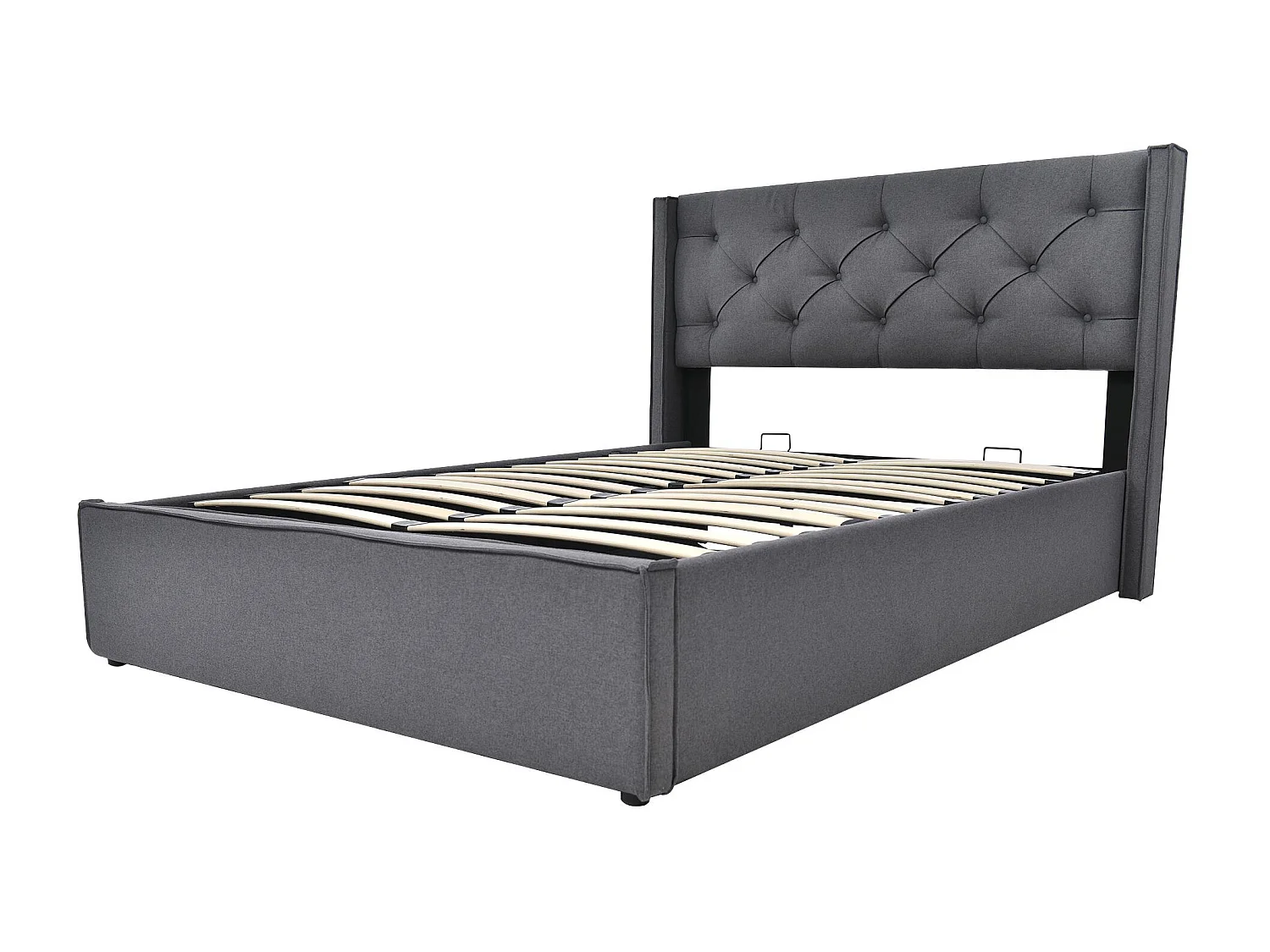 Lit coffre capitonné 160x200cm en tissu coton - avec sommier à lattes - Gris