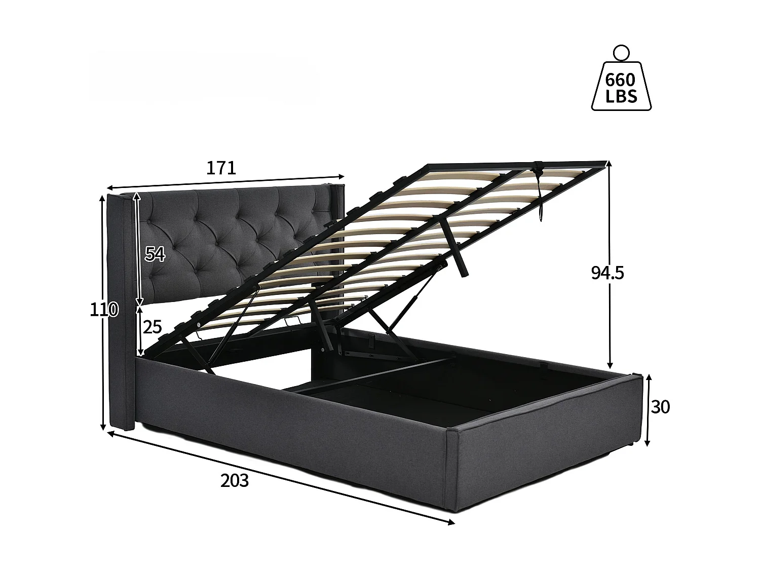 Lit coffre capitonné 160x200cm en tissu coton - avec sommier à lattes - Gris