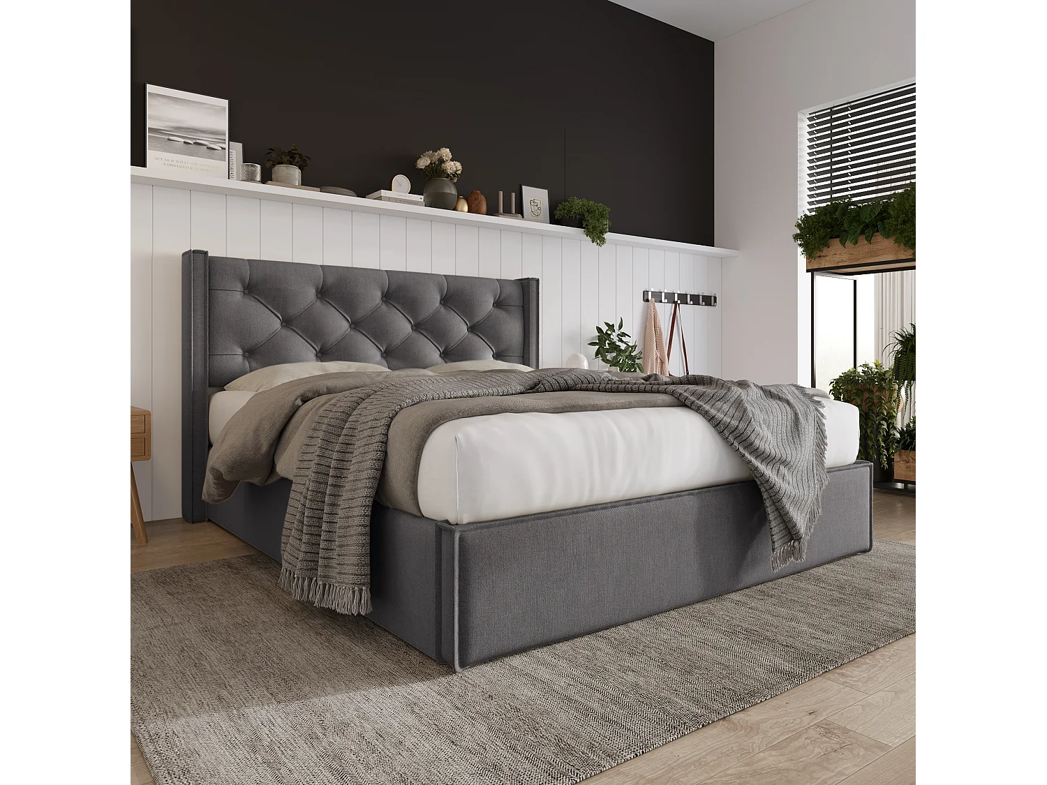 Lit coffre capitonné 160x200cm en tissu coton - avec sommier à lattes - Gris