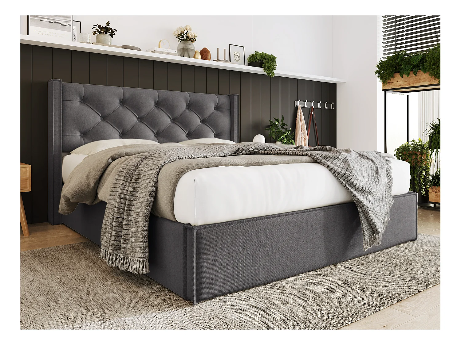 Lit coffre capitonné 160x200cm en tissu coton - avec sommier à lattes - Gris