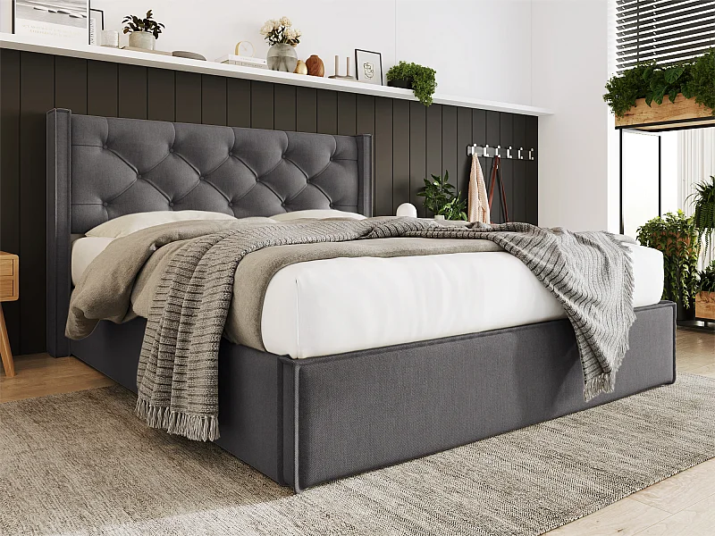 Gepolstertes Stauraumbett 160 x 200 cm aus Baumwollstoff – mit Lattenrost – Grau