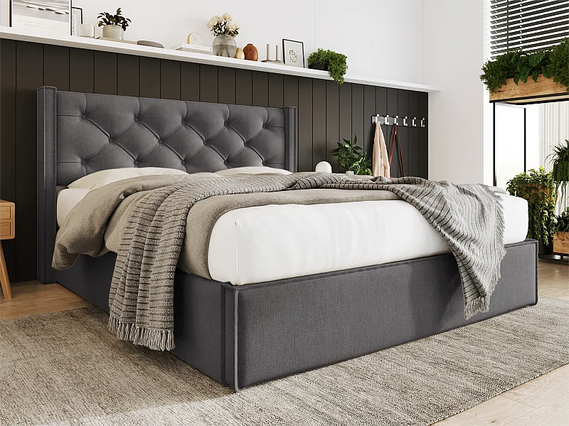 Gepolstertes Stauraumbett 160 x 200 cm aus Baumwollstoff – mit Lattenrost – Grau