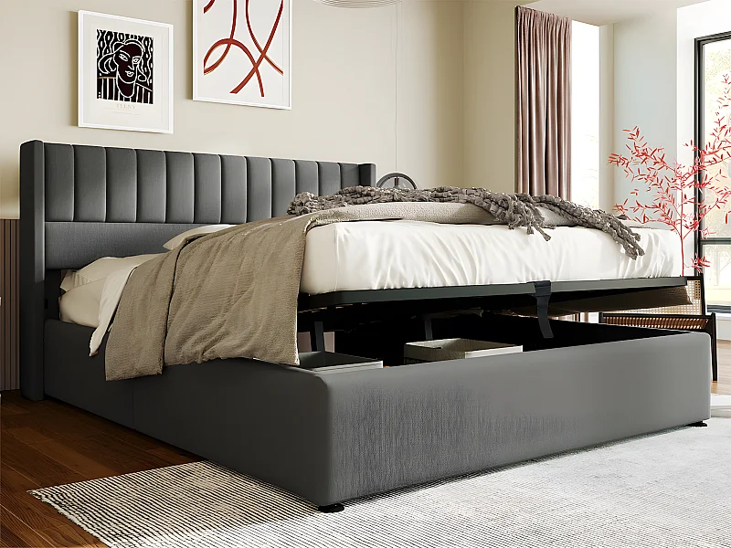 Cama contenedor tapizada 180x200 cm en lino con somier de láminas - Gris