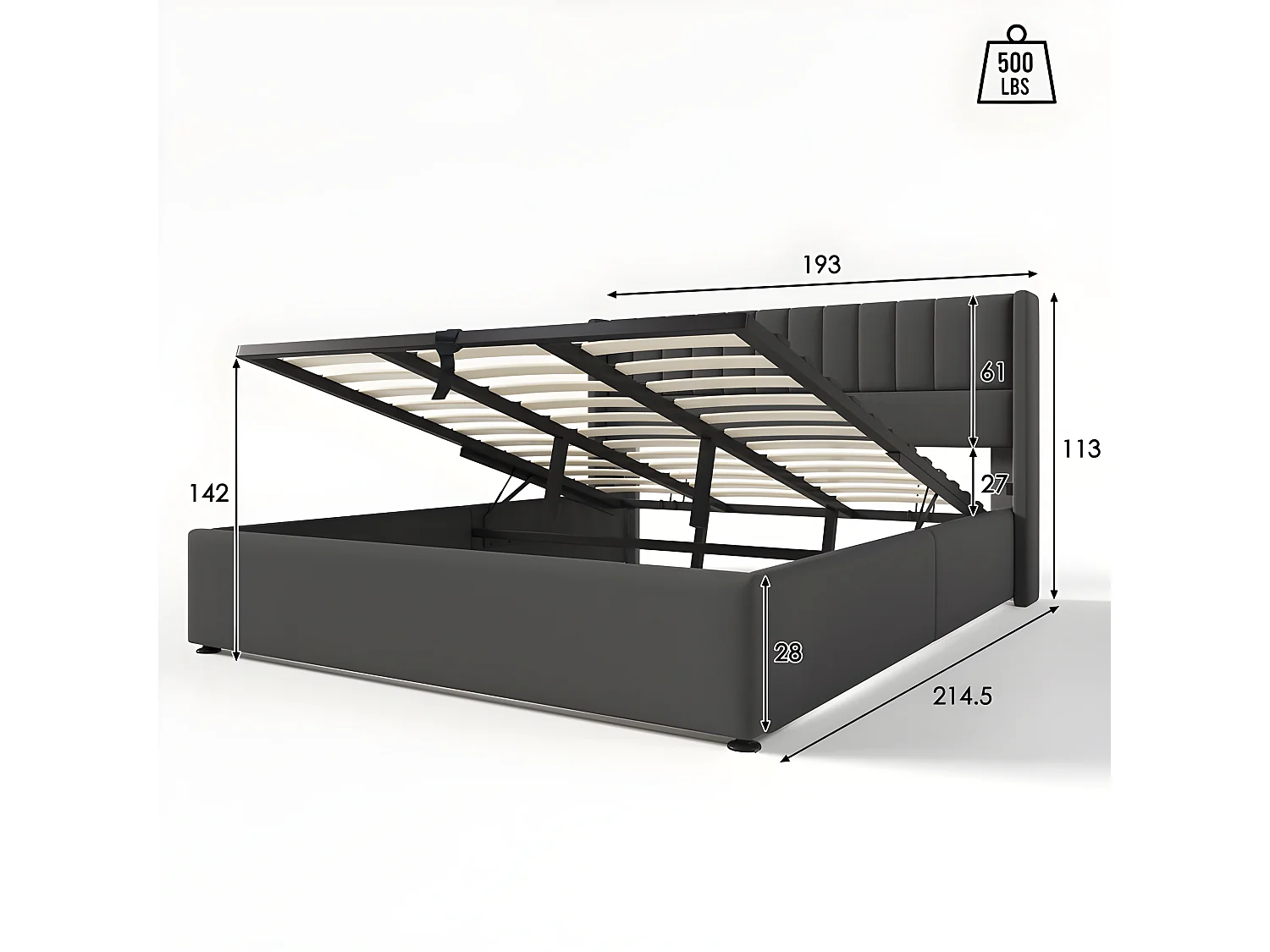 Gepolstertes Stauraumbett 180 x 200 cm aus Leinen mit Lattenrost – Grau