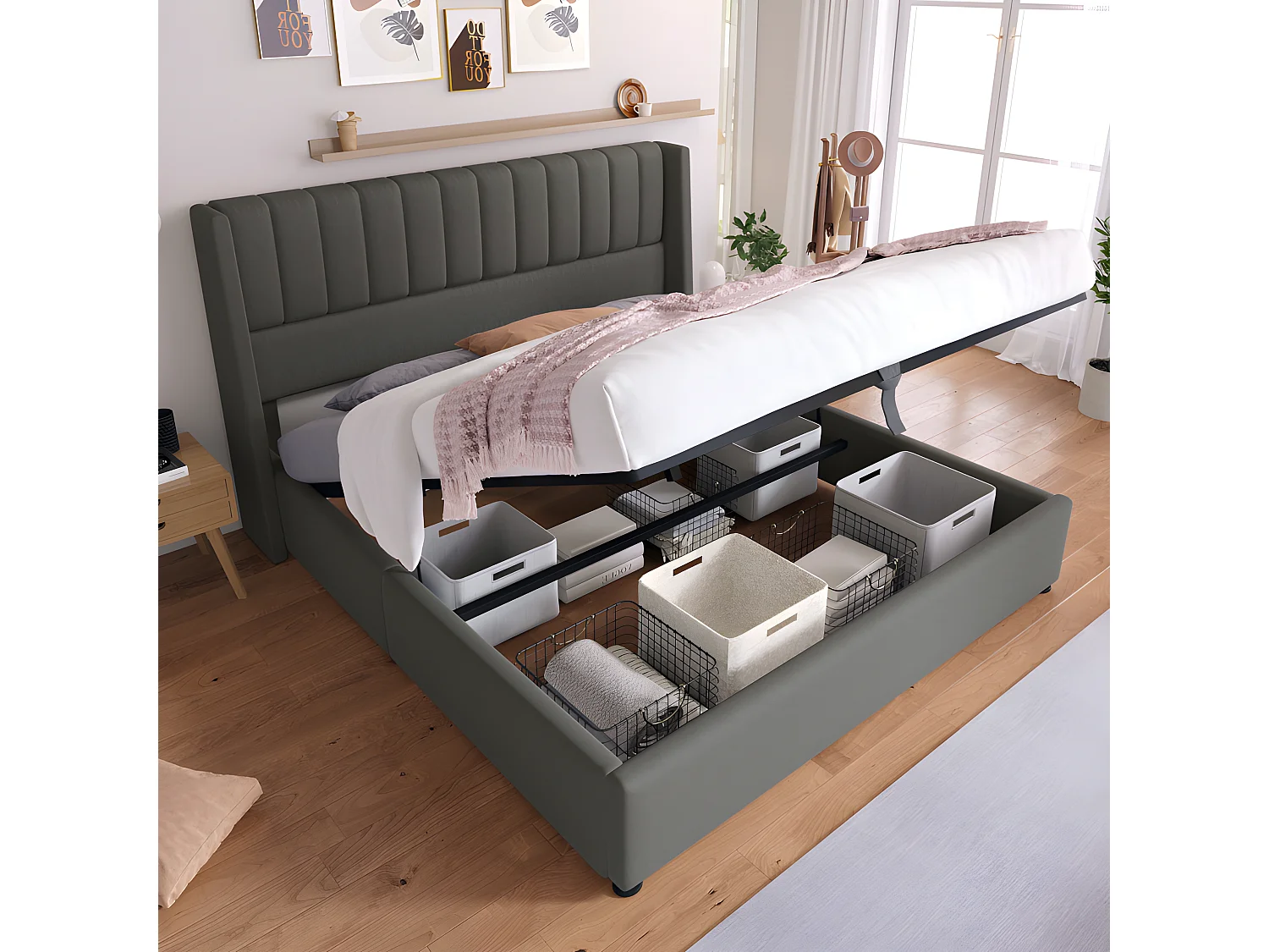 Gepolstertes Stauraumbett 180 x 200 cm aus Leinen mit Lattenrost – Grau