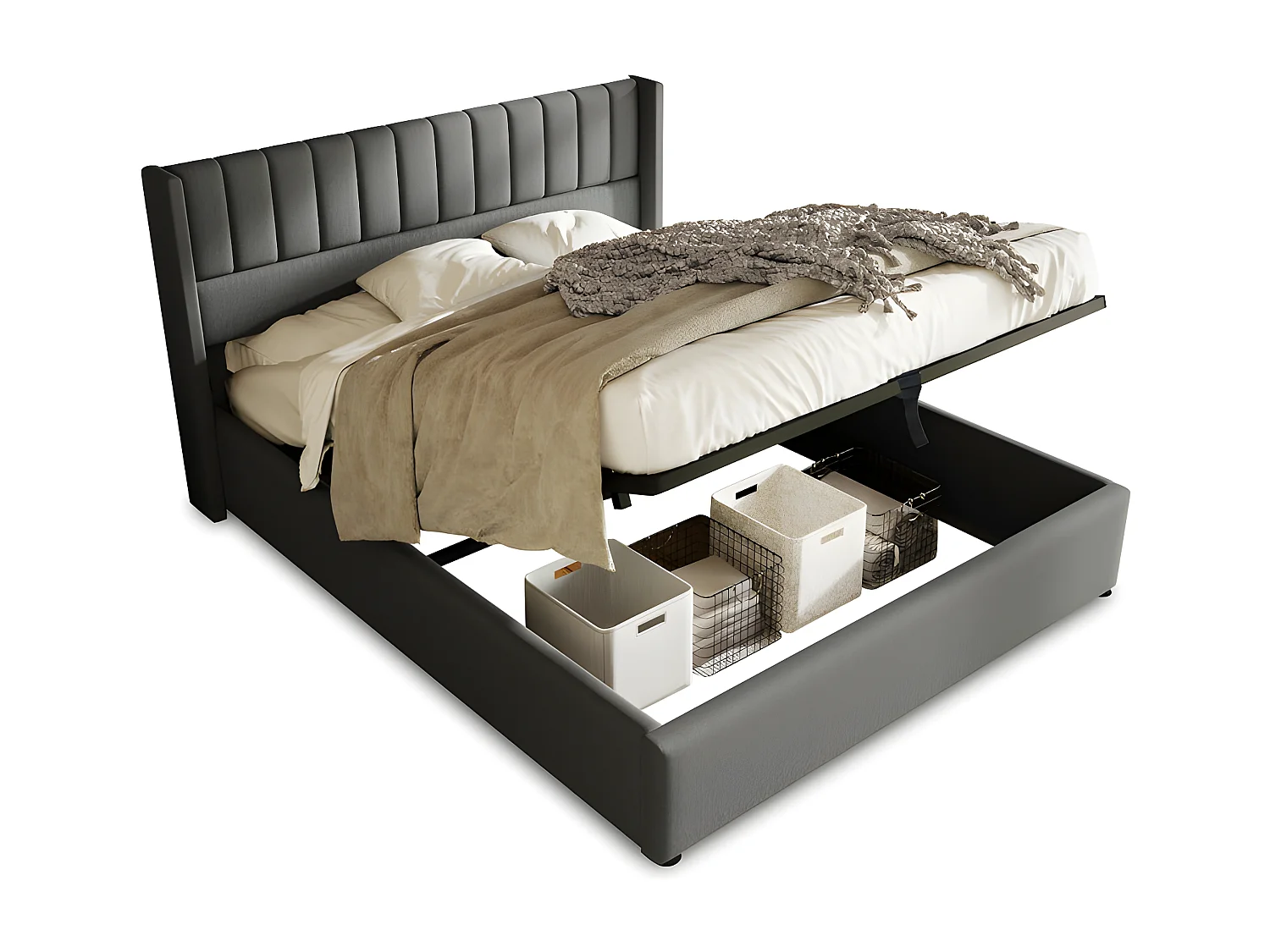 Gepolstertes Stauraumbett 180 x 200 cm aus Leinen mit Lattenrost – Grau