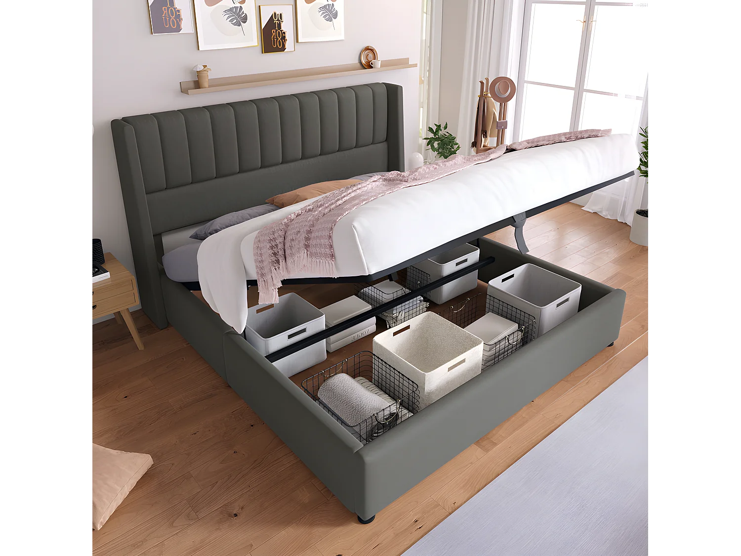 Gestoffeerd opbergbed 180x200cm in linnen met lattenbodem - Grijs