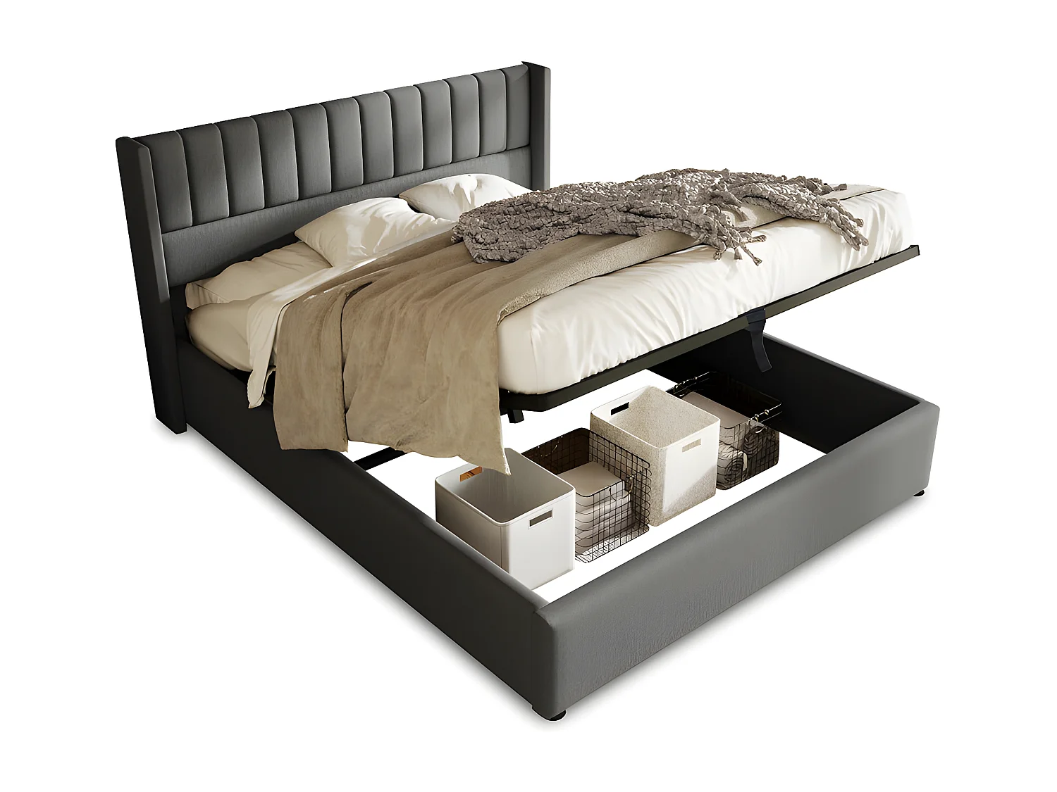 Gepolstertes Stauraumbett 140 x 200 cm aus Leinen mit Lattenrost – Grau