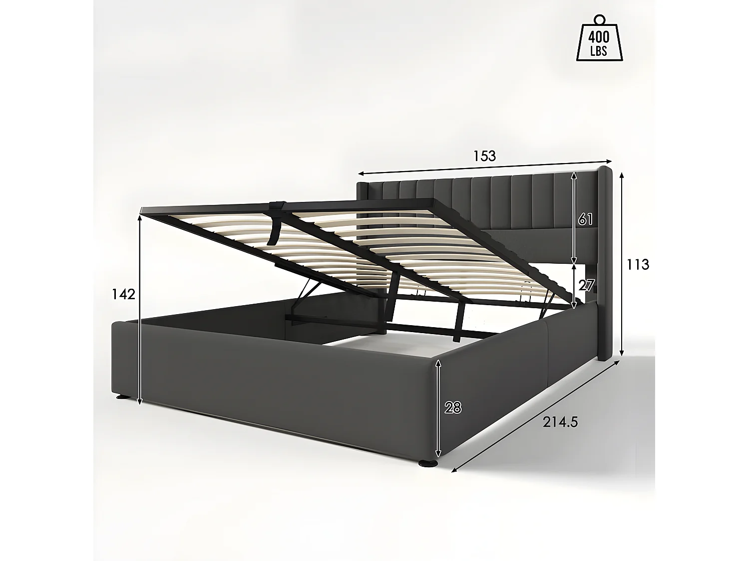 Gepolstertes Stauraumbett 140 x 200 cm aus Leinen mit Lattenrost – Grau