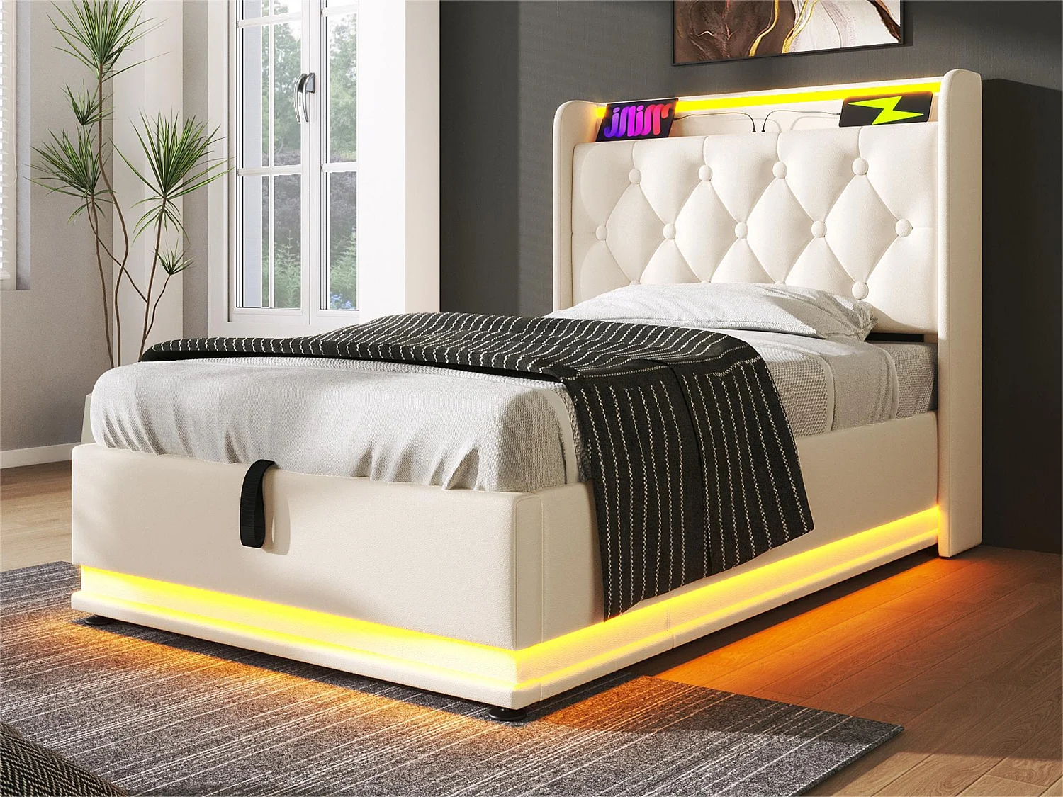 Letto contenitore 90x200 cm in ecopelle - con LED e prese USB e Type-C - Bianco
