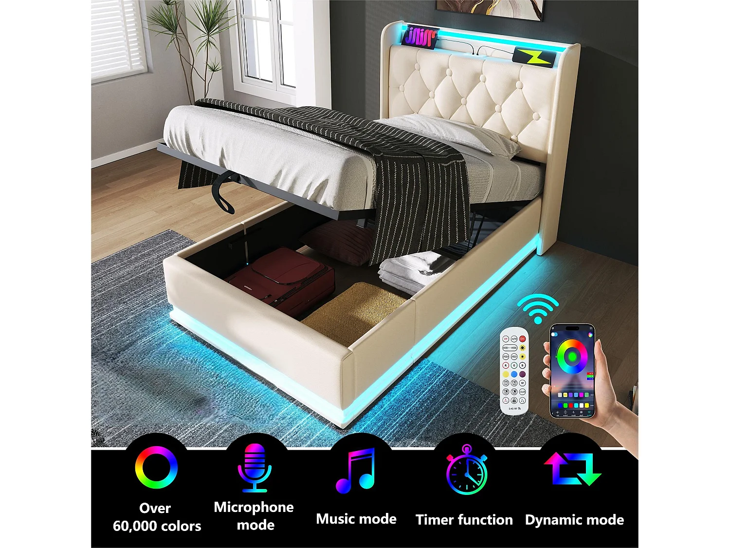 Letto contenitore 90x200 cm in ecopelle - con LED e prese USB e Type-C - Bianco