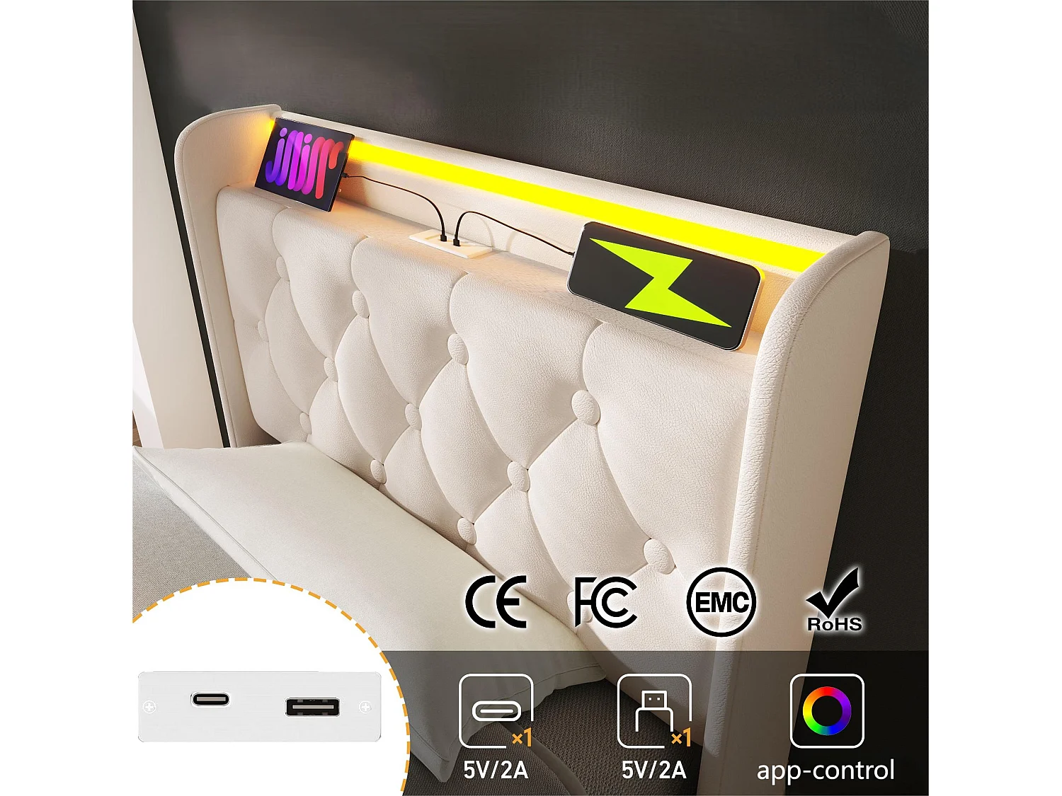 Letto contenitore 90x200 cm in ecopelle - con LED e prese USB e Type-C - Bianco
