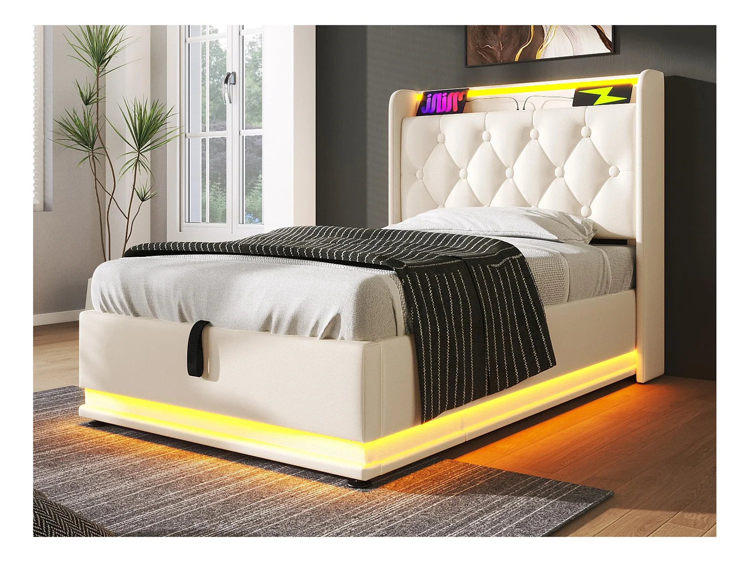 Łóżko 90x200cm z ekoskóry - z LED i gniazdami USB oraz Type-C - Białe