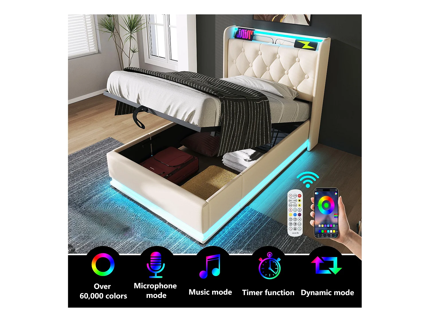 Opbergbed van kunstleer 90x200cm - met LED- en USB- en Type-C-aansluitingen - Wit