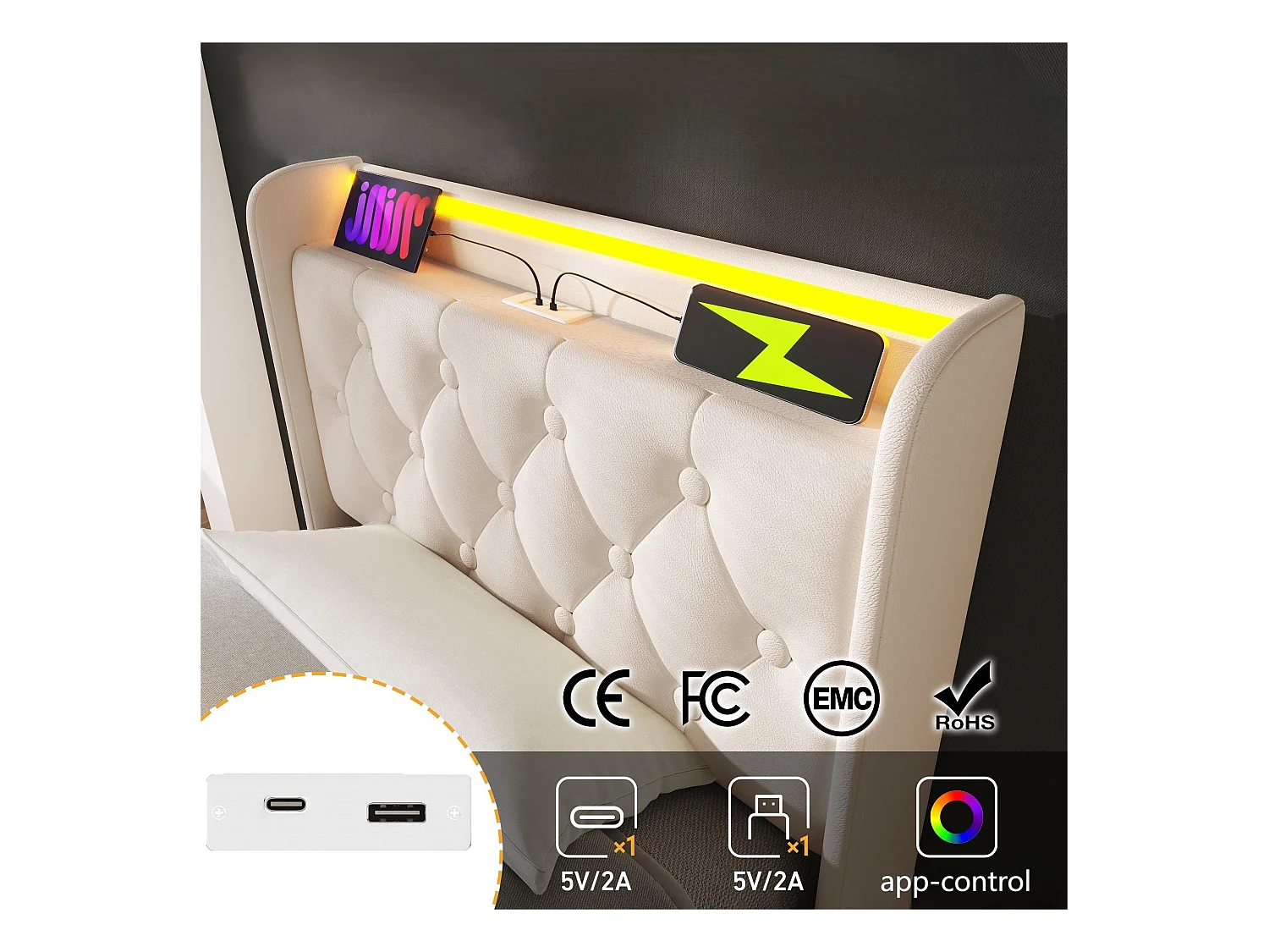 Opbergbed van kunstleer 90x200cm - met LED- en USB- en Type-C-aansluitingen - Wit