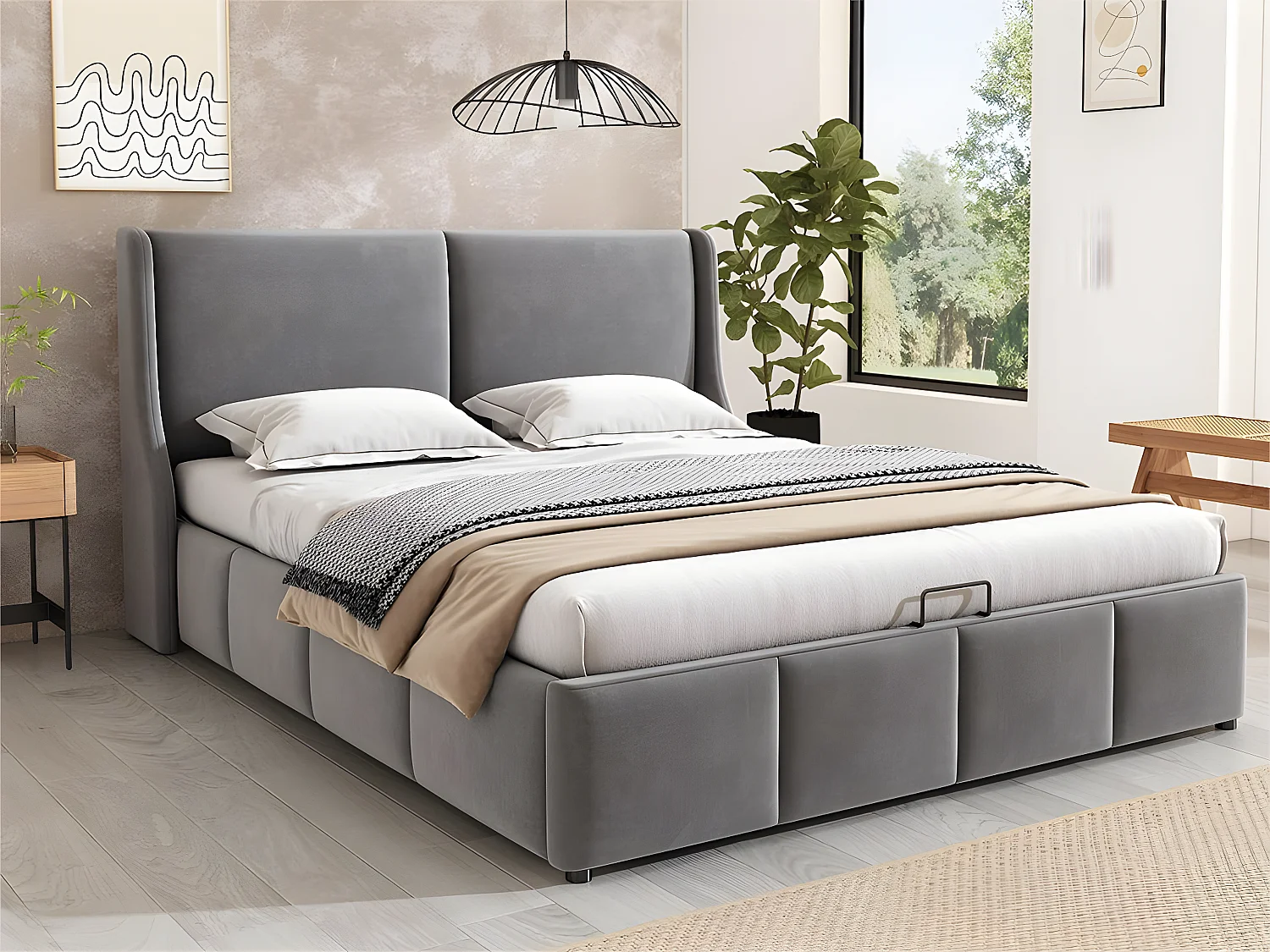 Letto contenitore imbottito 140x200 cm in velluto - letto contenitore con rete a doghe - Grigio